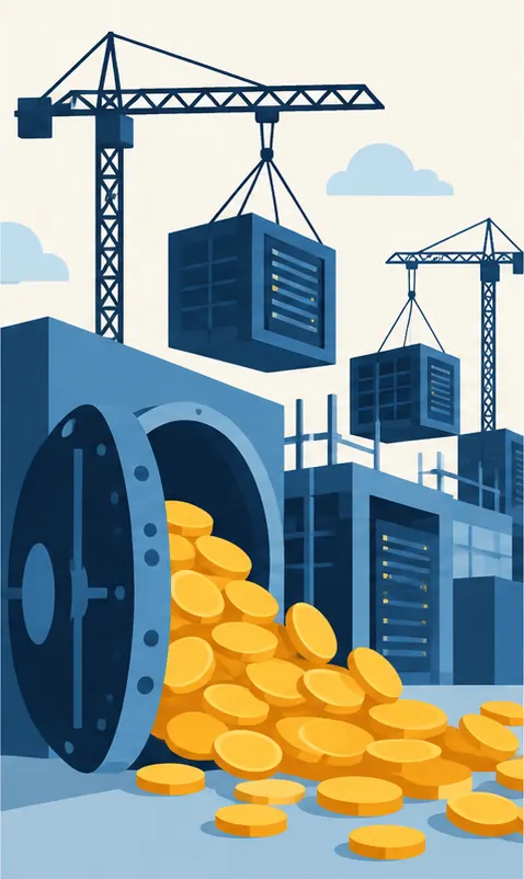 Cranes building more data centers while plain gold coins pour out of a company vault.