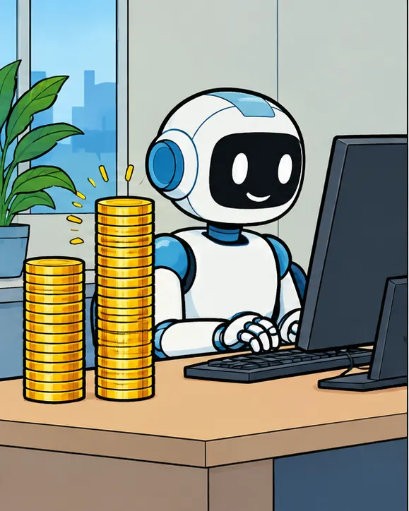 A coding robot at a terminal beside a stack of coins that has nearly doubled in height.
