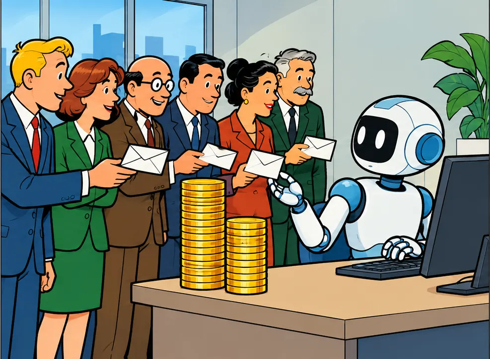 Investors line up in front of the robot holding out envelopes with offers.