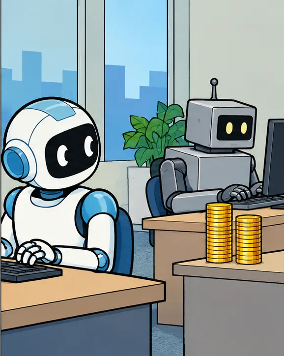 Across the room a rival dispatcher system does the same coding work for half the coins, and the robot glances over at it.