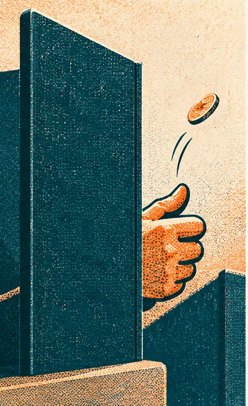 Behind a screen, a hidden hand flips a coin.