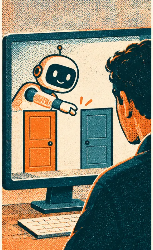 An AI assistant on a computer screen leans toward one of two doors, nudging the choice.