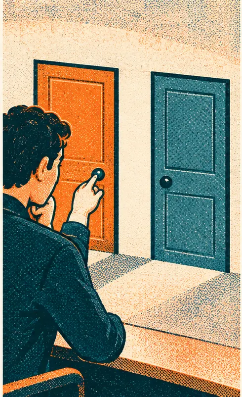 An analyst at a desk chooses the same door the assistant leaned toward.
