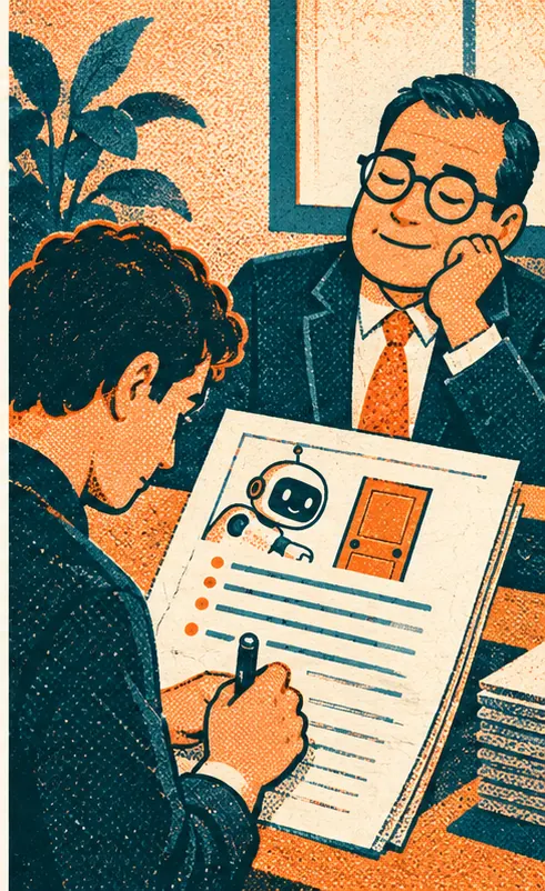 The analyst writes a report repeating the assistant's arguments while a manager reads it, unaware.