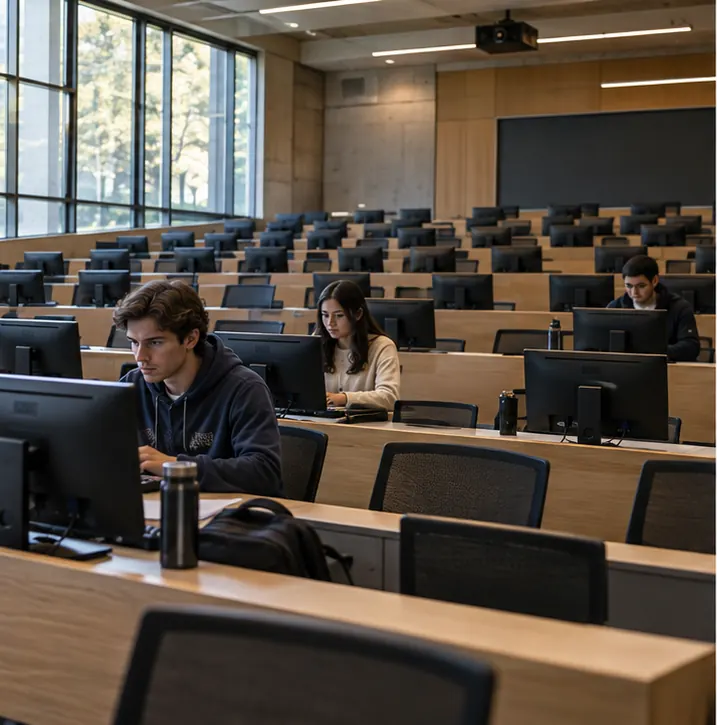 A university computer lab lecture hall with many empty seats and only a few students.