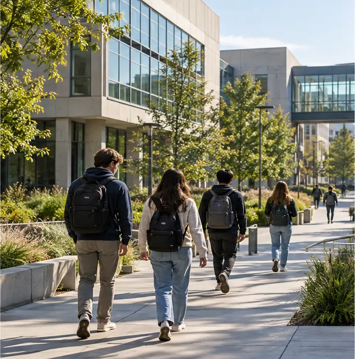 Students walking past a plain modern computer science building toward other plain modern campus buildings; no towers or domes.