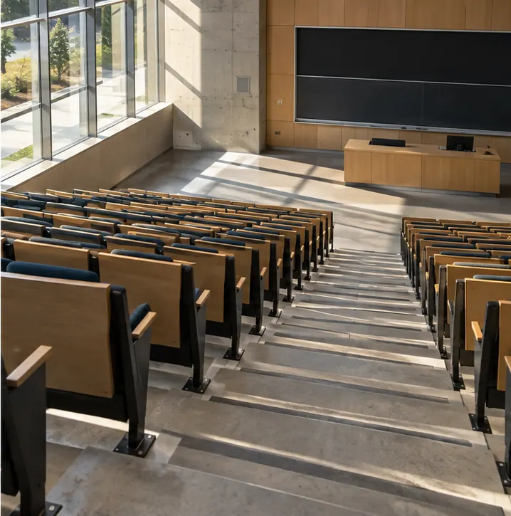 A staircase of empty lecture seats that descends more steeply with each step.