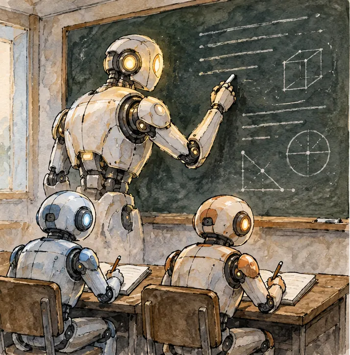 A large glowing robot writes answers on a blackboard while two smaller robots at desks copy its answers into notebooks.