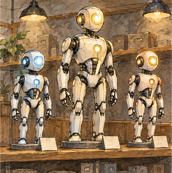 The two smaller robots, now polished, stand on a shop shelf with small blank price tags, looking almost as capable as the large robot.