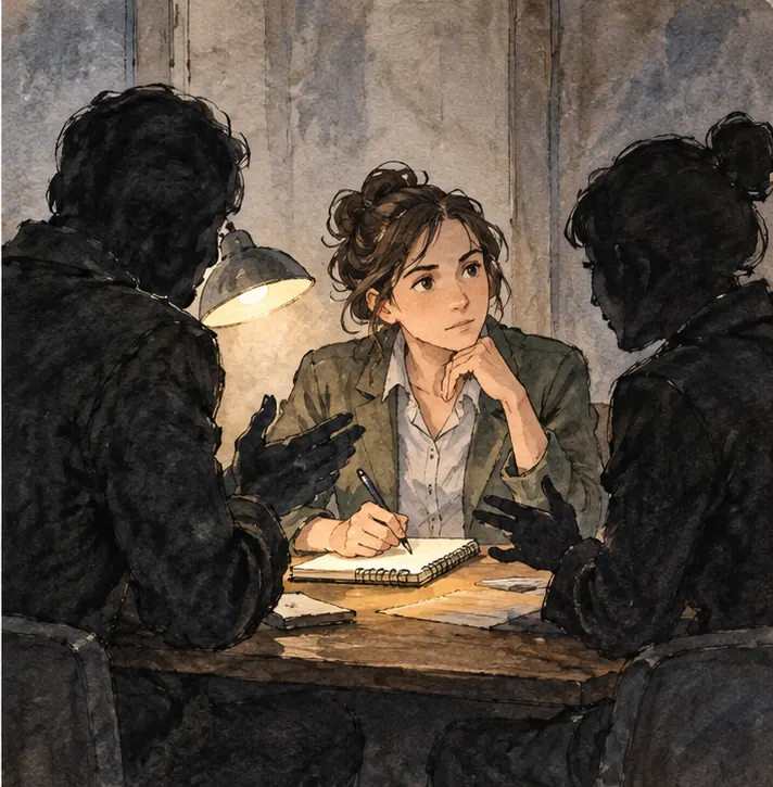 A reporter at a desk takes notes while two figures in shadow, faces unseen, speak quietly to them.
