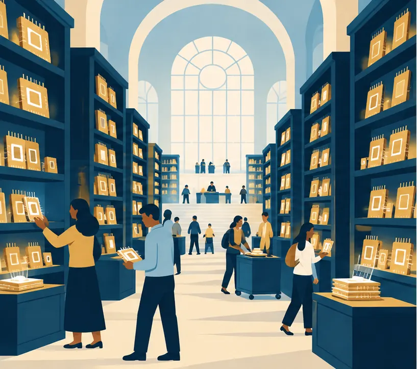 A vast open public library whose shelves hold glowing model cartridges, with many people browsing and borrowing them.