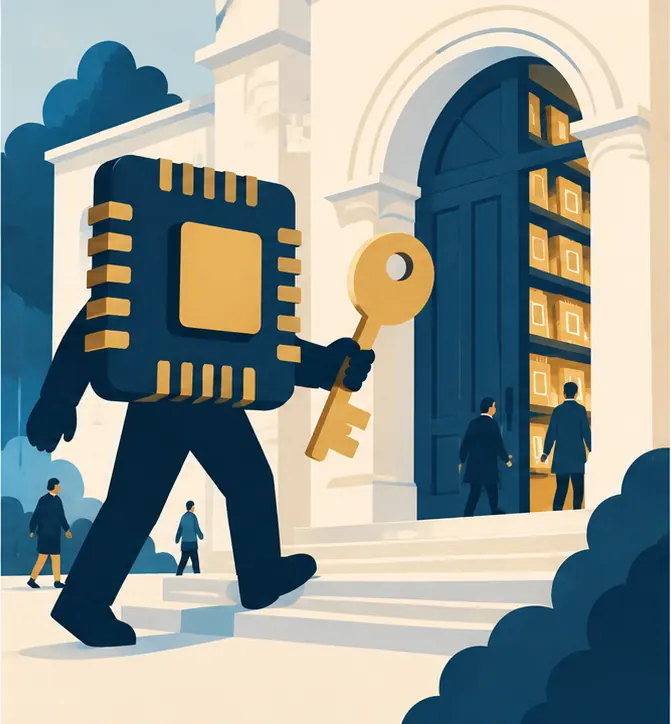 A giant figure shaped like a computer chip carries a large key toward the library's front door.