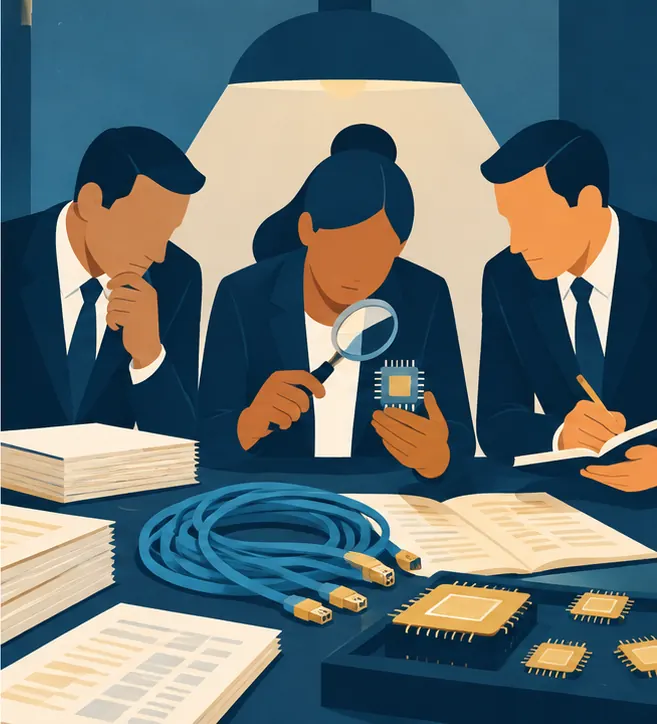 Government investigators in plain suits at a table examine ledgers, a bundle of networking cables and a chip under a magnifying glass, asking questions.