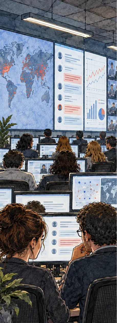 A large operations room where many staff watch monitors showing chat conversations and charts.