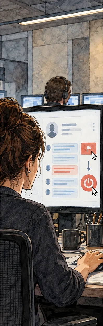 A staff member flags an account on screen and switches it off.