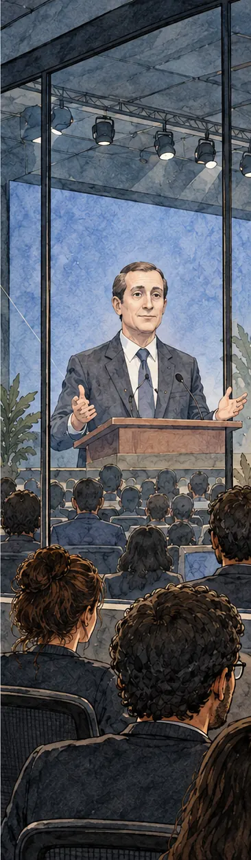 Behind a glass wall the staff cannot pass through, a video of an ordinary, slightly uncanny man in a suit speaking at a lectern plays on a different platform's screen.