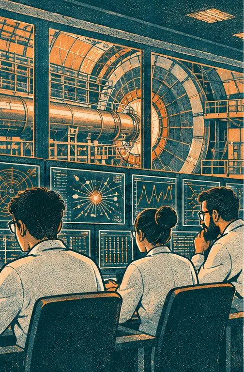 Engineers at consoles in the control room of a particle accelerator.