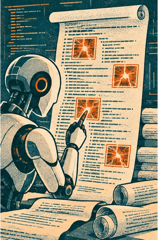 An AI agent reading through long scrolls of code and marking four glowing cracks in it.