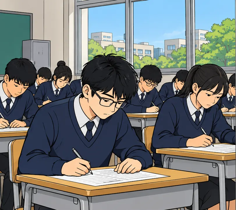Students in a South Korean exam hall writing a national entrance exam, one wearing ordinary-looking glasses; outside the window only trees and low buildings.