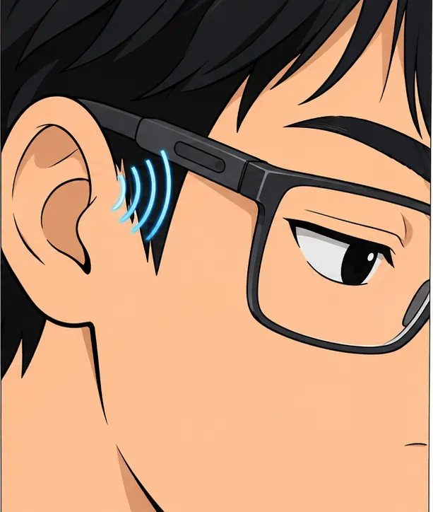 Close-up of the glasses on a student's face, faint sound waves coming from the temple arm into the wearer's ear.
