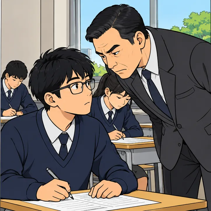 An inspector walking between the rows of desks, looking closely at a student's glasses.