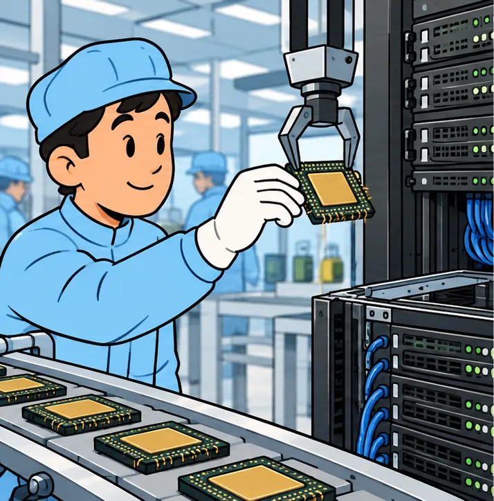 An inference chip being lifted off a production line into a data-center server.