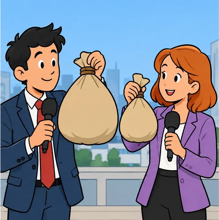 Two reporters each holding up a plain unmarked money bag of a slightly different size, comparing them.