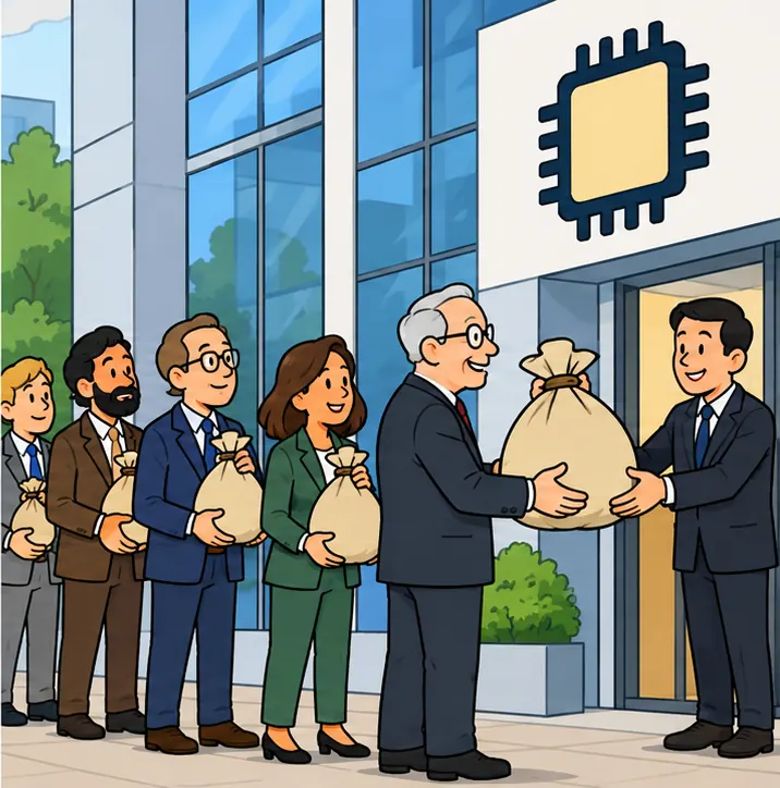 A queue of investors handing plain unmarked money bags to a chip company, the first in line carrying the biggest bag.