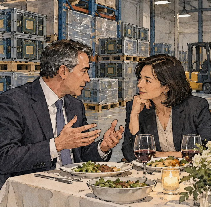 Two business executives, a man and a woman, talking at a dinner table, crates of computer chips stacked in a warehouse behind them.