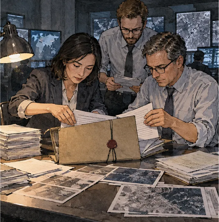Intelligence analysts in a dim room assembling papers into a thick sealed folder.