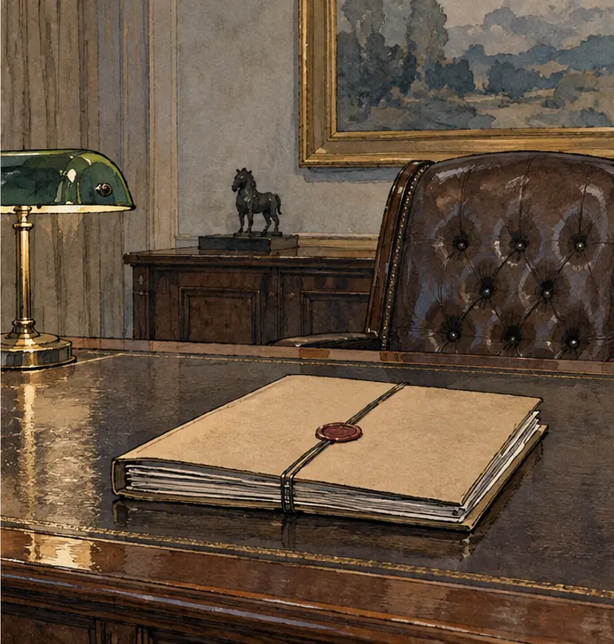 The sealed folder lying closed and untouched on a large empty desk.