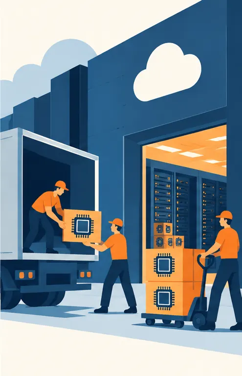 Workers loading crates of server processors into a cloud provider's data center.