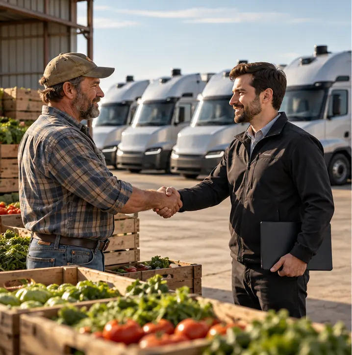 A produce hauler and a driverless-truck company shaking hands over an order for a fleet of plain unbadged trucks.