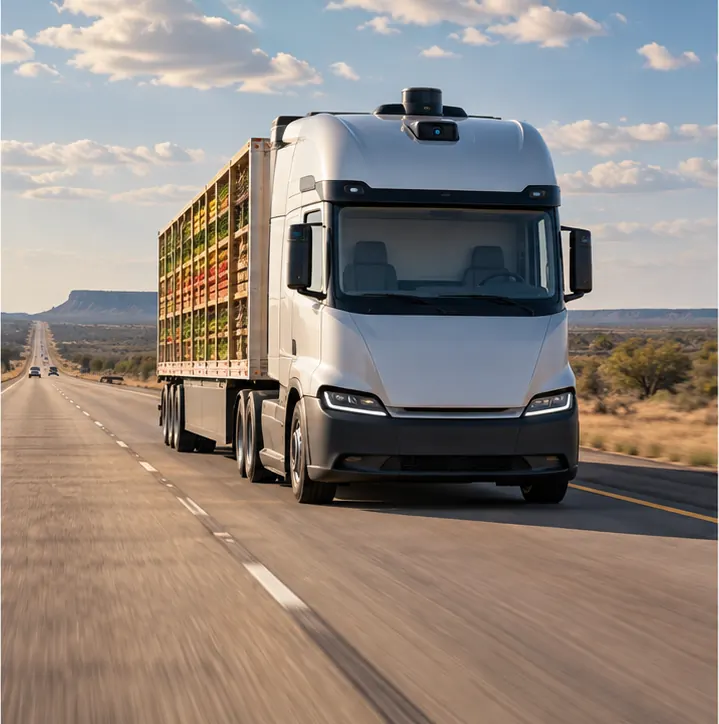A driverless semi truck with a plain grille and a visibly empty cab carrying produce down a long Texas highway.