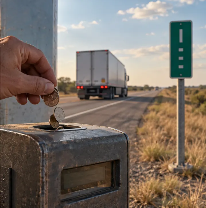 Coins dropping into a meter as the truck rolls past mile markers.