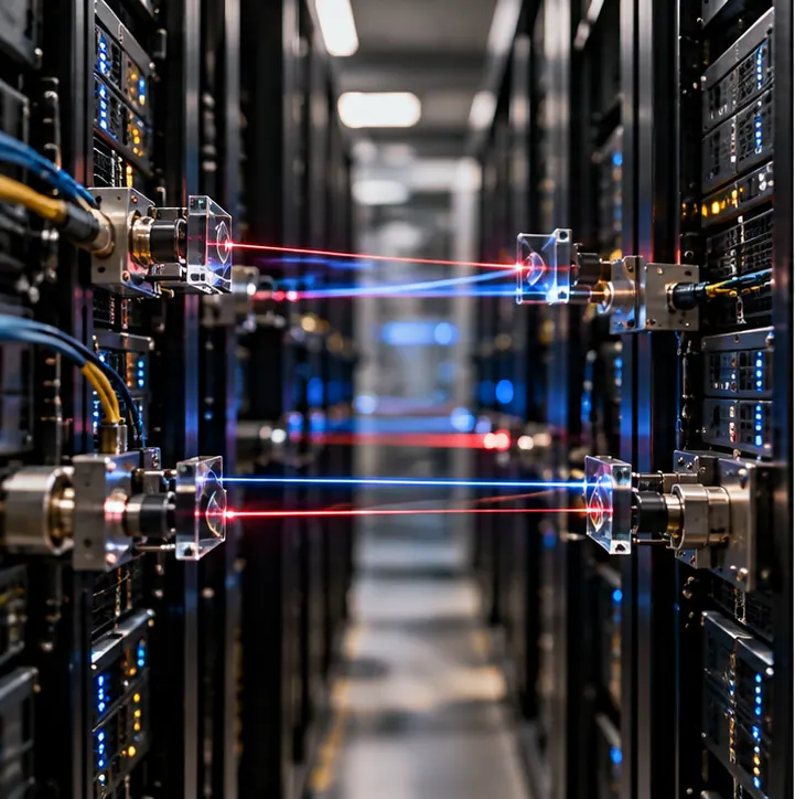 Thin beams of laser light carry data between rows of AI server racks through small optical components.