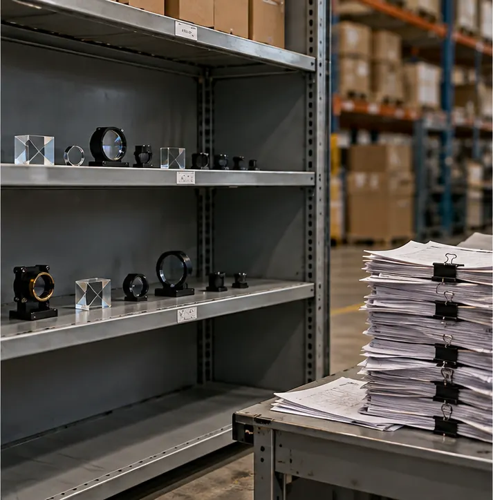 A nearly empty warehouse shelf of optical parts with a tall pile of order slips waiting beside it.