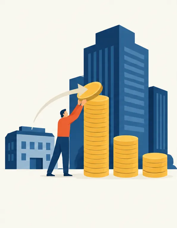 A large company building with several piles of coins in front of it, one pile much taller than the others, fed by a smaller partner company.