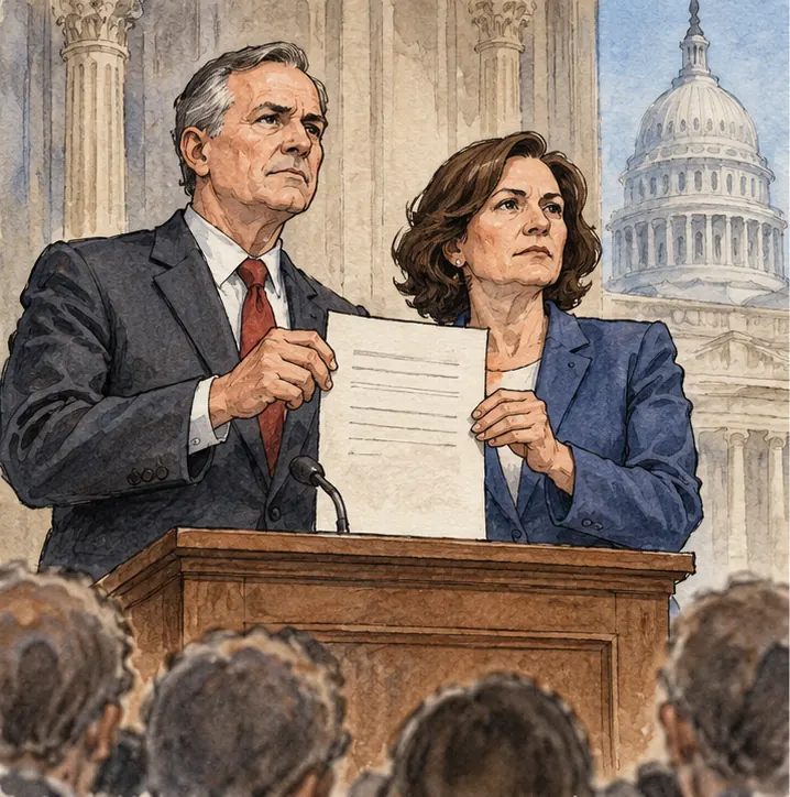 Two lawmakers standing at a podium holding up a short document.