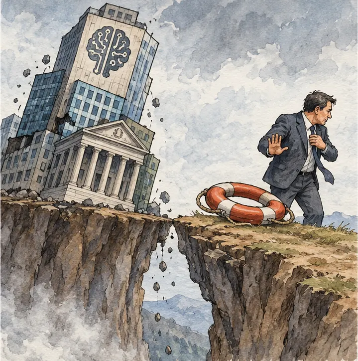 A teetering tower of AI company and bank buildings at a cliff edge, while a man clutches a rescue lifebuoy to his chest and turns away from it.