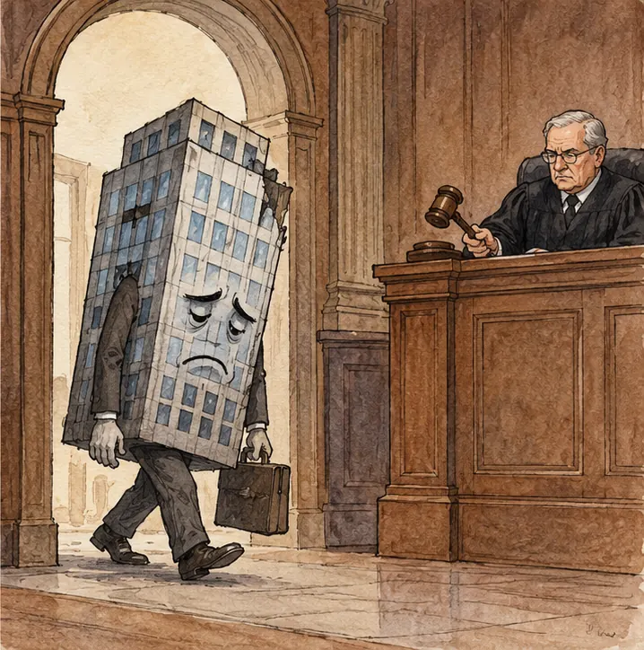 A failing company walking through an ordinary door marked only by a plain arch, toward a bankruptcy proceeding.