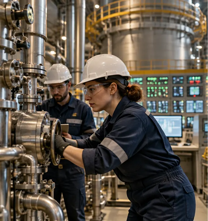 Engineers inside an existing nuclear power plant adjusting reactor equipment to raise its output.