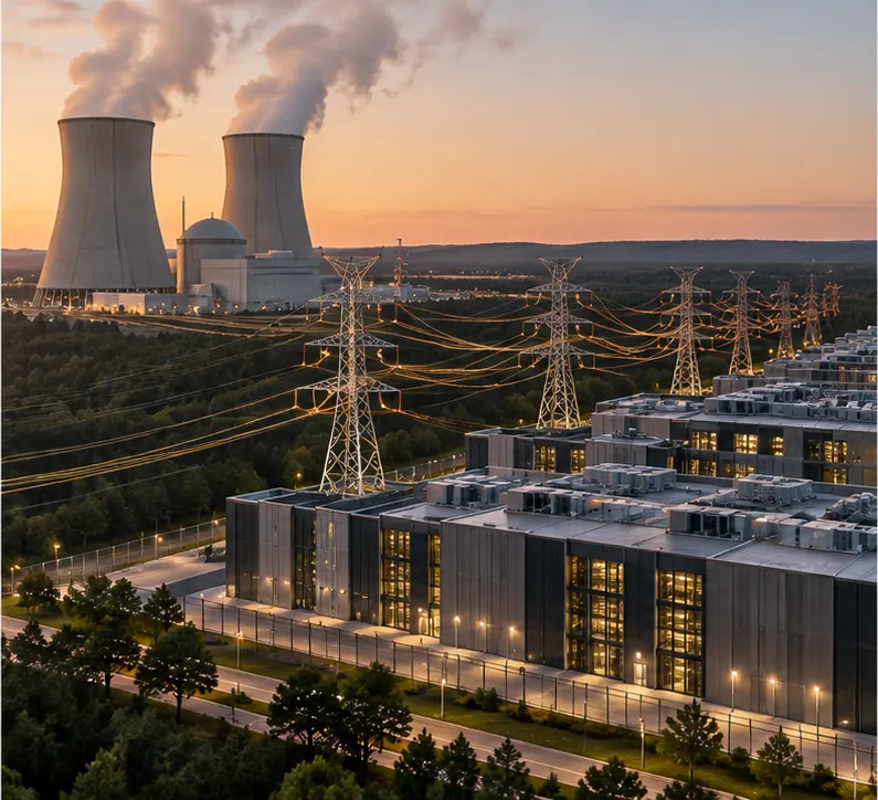 Power lines running from the plant's cooling towers to several large data-center buildings.