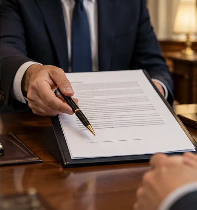 A government hand offering a loan document with a pen, the signature line still blank.