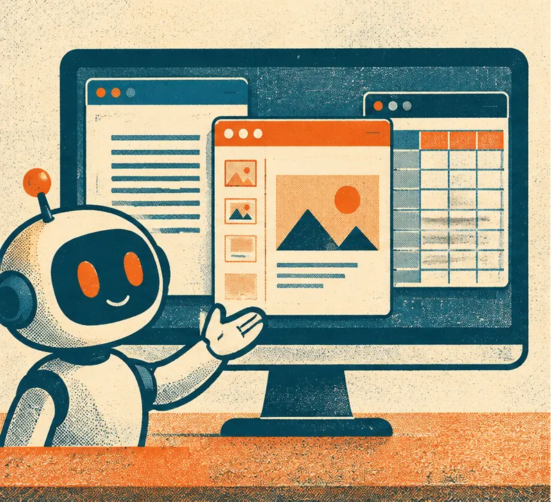 A desktop computer with three office apps open, a word processor, a slide deck and a spreadsheet, with a helper assistant appearing beside them.