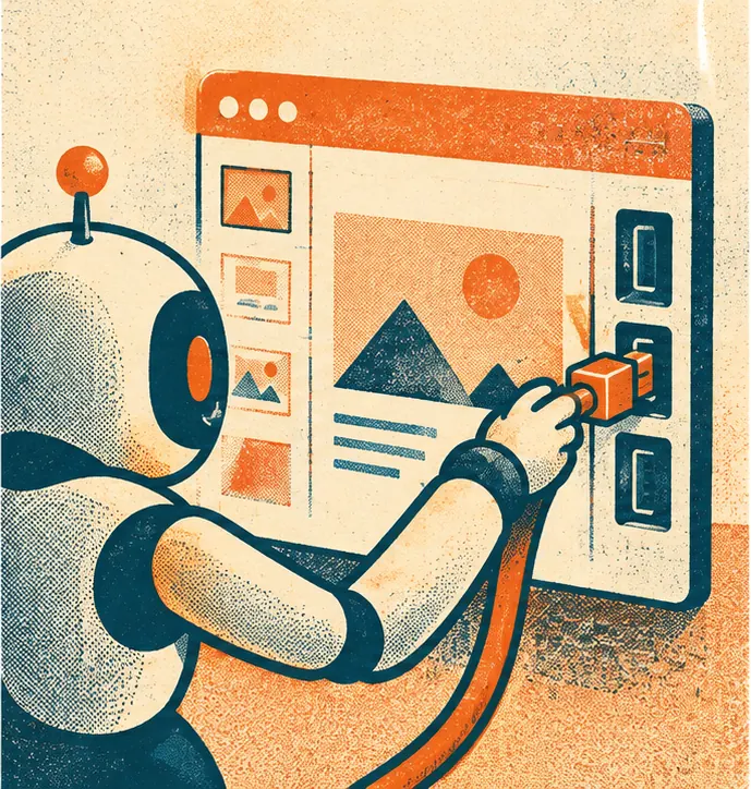 An outside robot agent plugs a cable into a port on the apps and edits a slide.