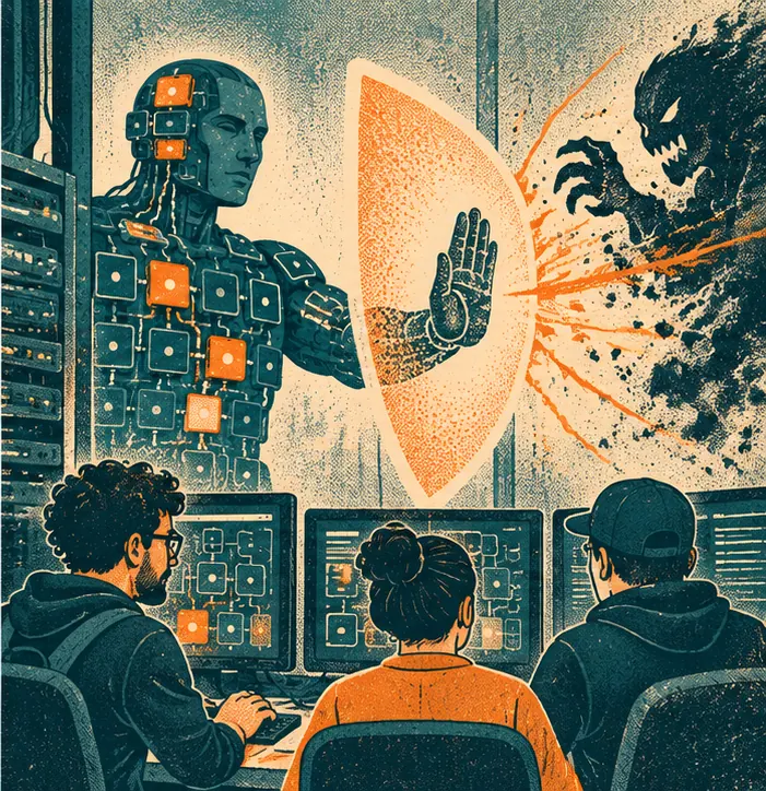 A team of defenders running the model on their own servers as it raises a shield against a malicious request.