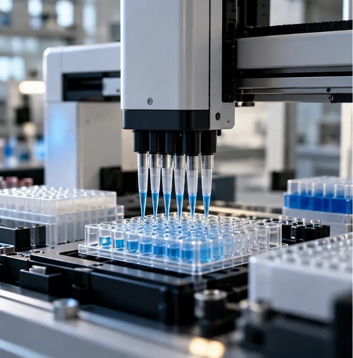A benchtop liquid-handling robot pipetting samples in a lab.