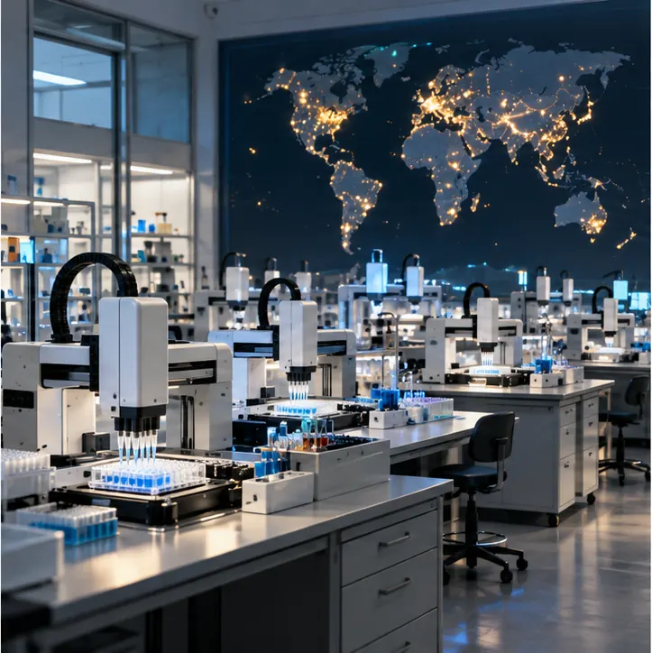 Many of the same small benchtop robots on lab benches, in front of a world map on the wall dotted with lights across many countries.