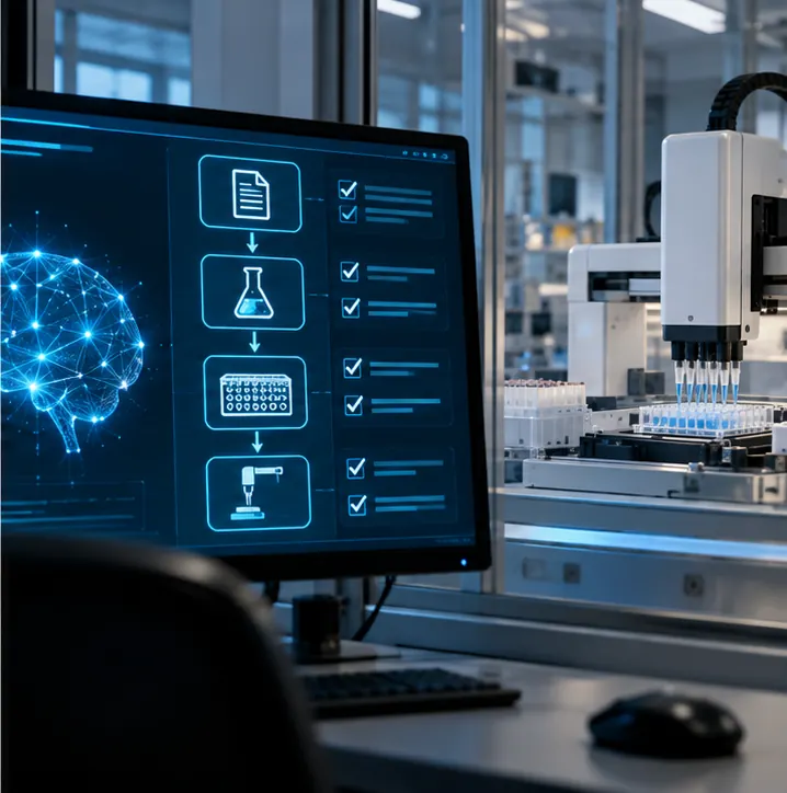 An AI system on a screen directing the robot to run an experiment by itself.